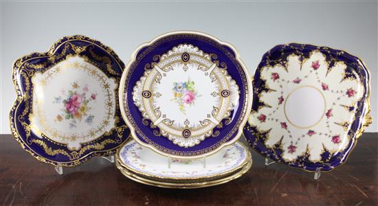 Six Royal Crown Derby flower painted plates and dishes, late 19th / early 20th century, largest 24.5cm